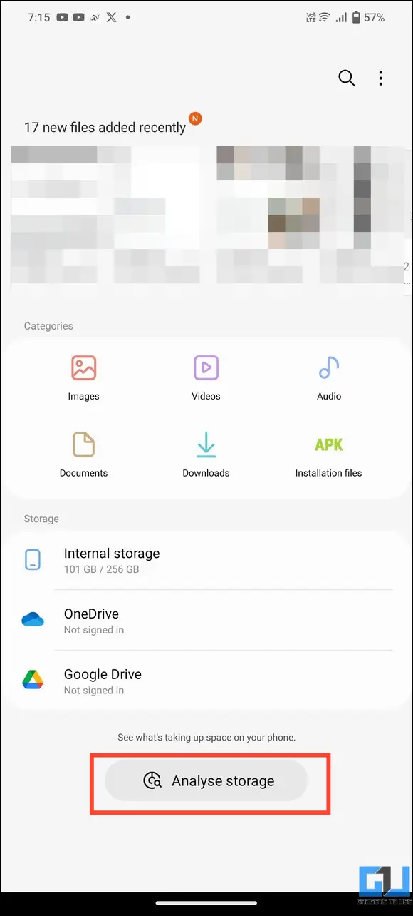 Tap Analyze storage un Samsung MyFiles app