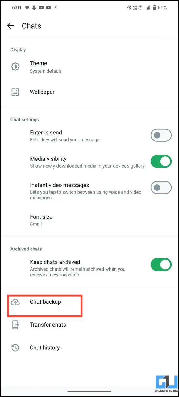 Tap on Chat backup
