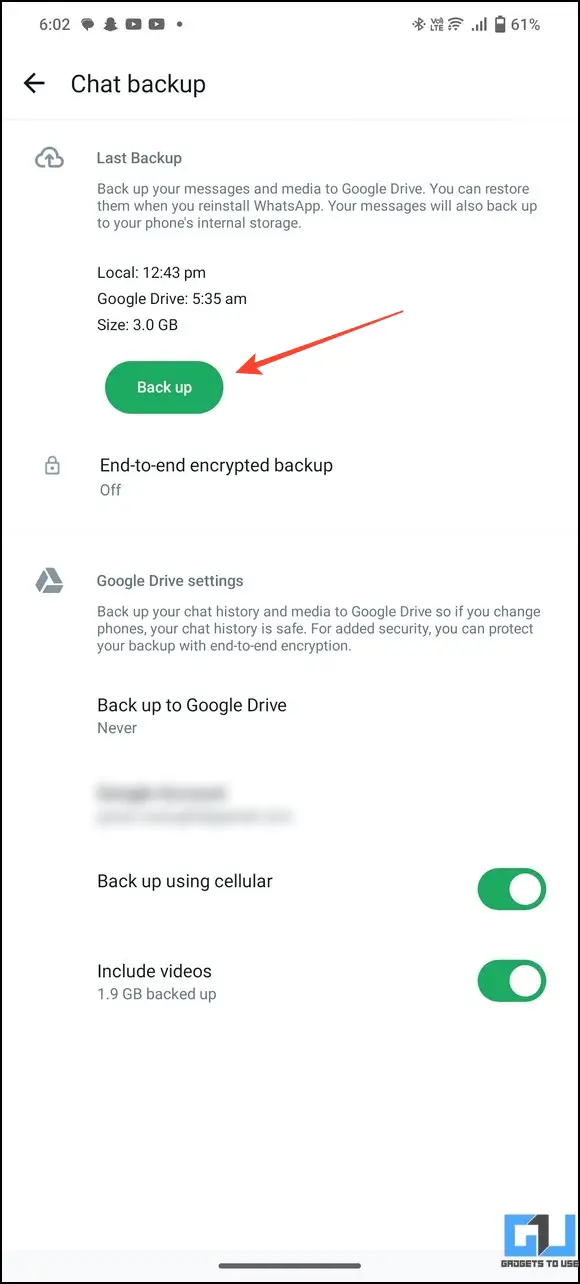 Tap on back up to create a local backup