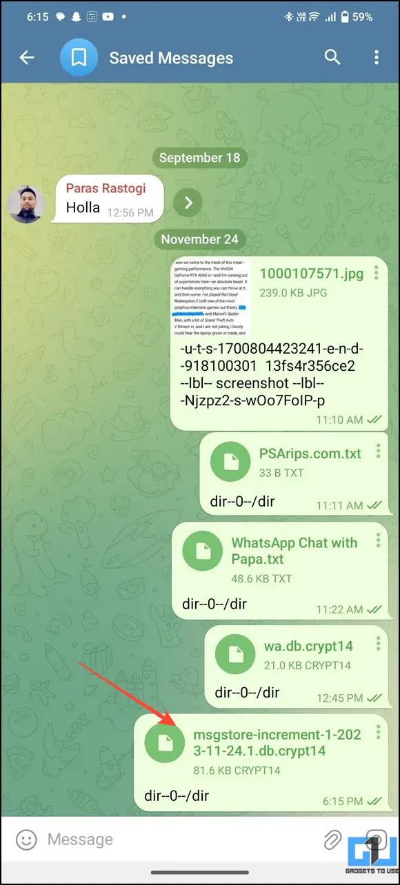 Access the WhatsApp backup files in Telegram Saved Messages