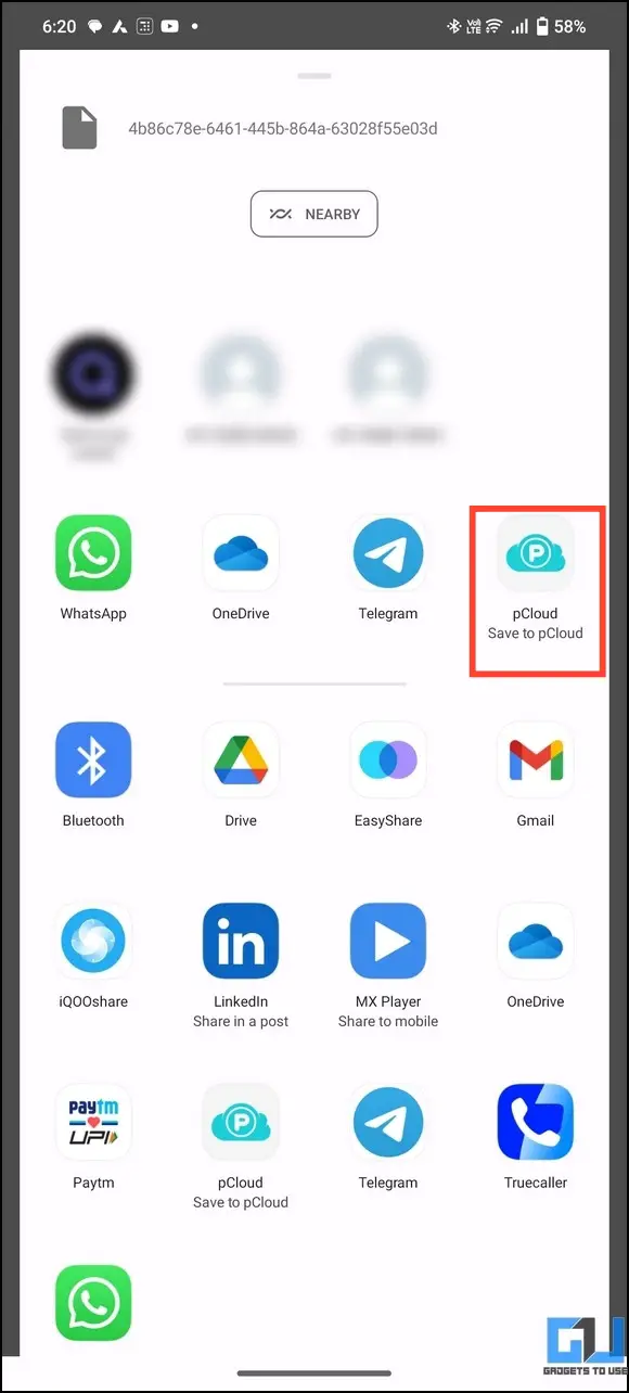 Select pCloud on share screen