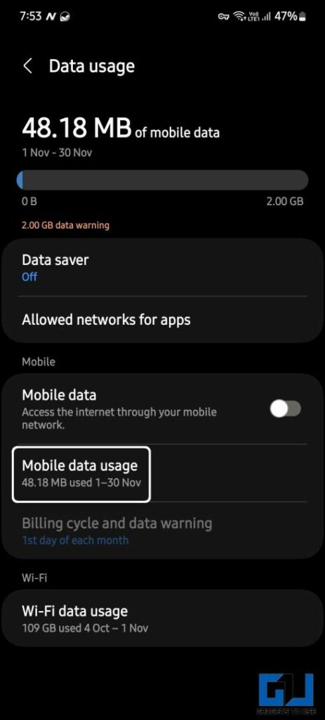 Tap on Mobile Data usage