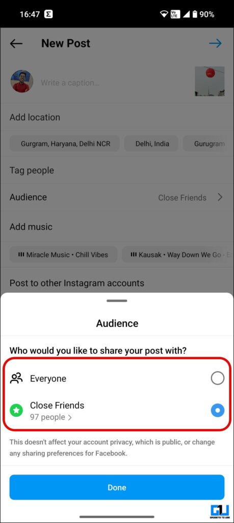 Share Instagram post with close friends