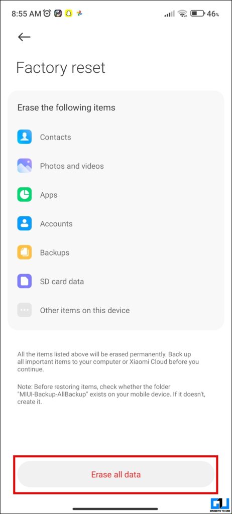 Erase all data to factory reset Xiaomi Phone