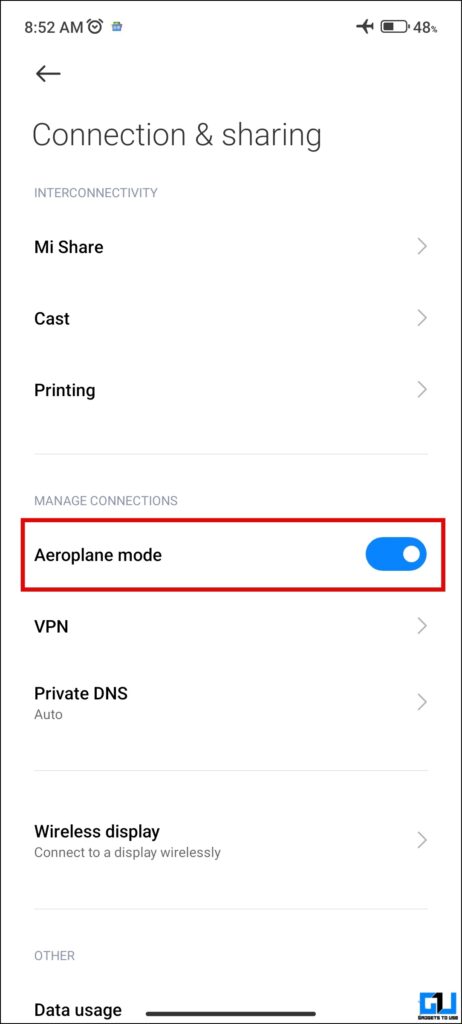 Aeroplane mode on MIUI or HyperOS under Connection and Sharing