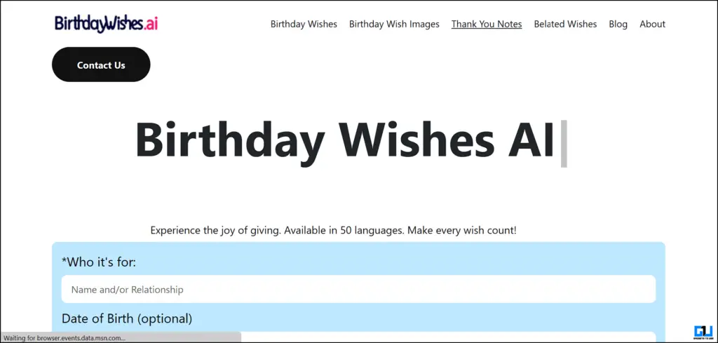Birthday Wishes AI web page with form