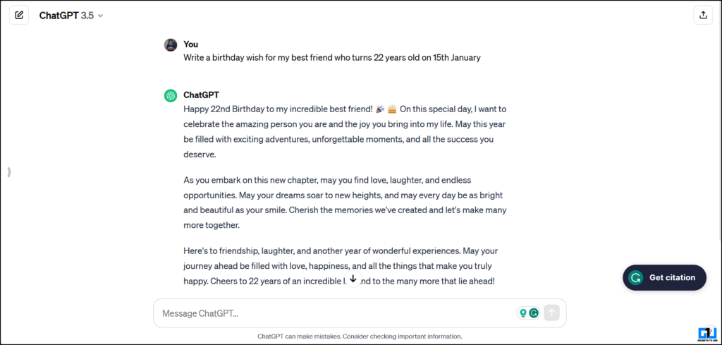 Using ChatGPT website to create a Birthday wish