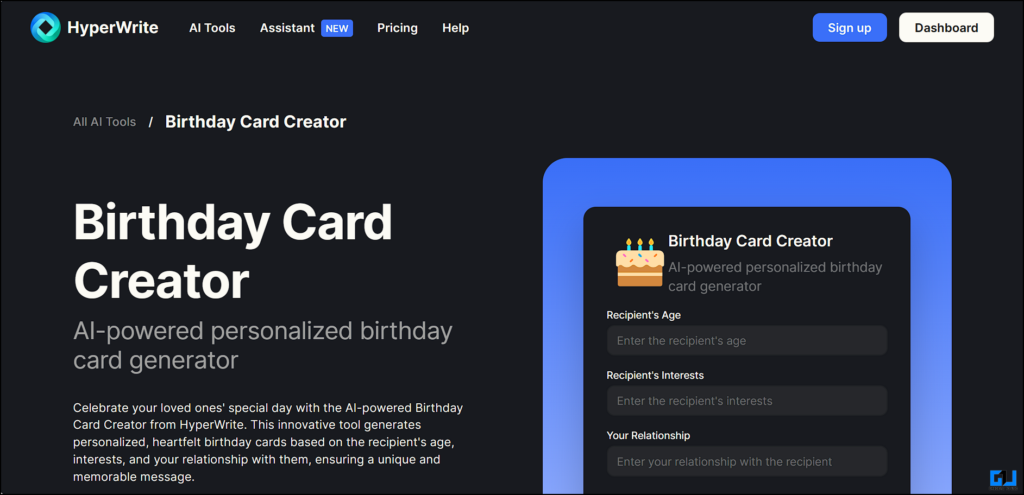 HyperWrite Birthday Card creator website