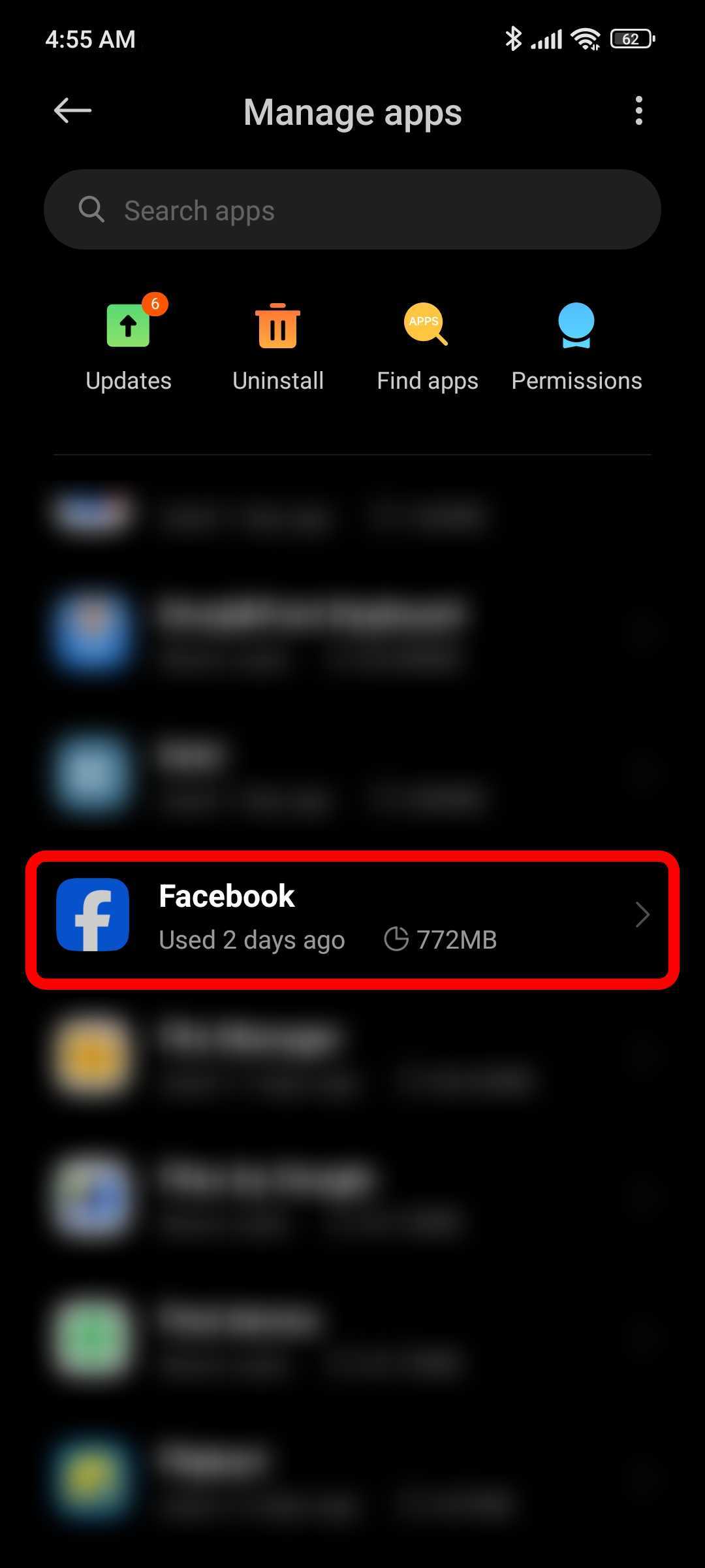 Go to Facebook app from installed list of apps