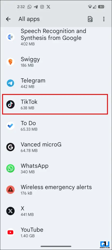 TikTok app from the app list