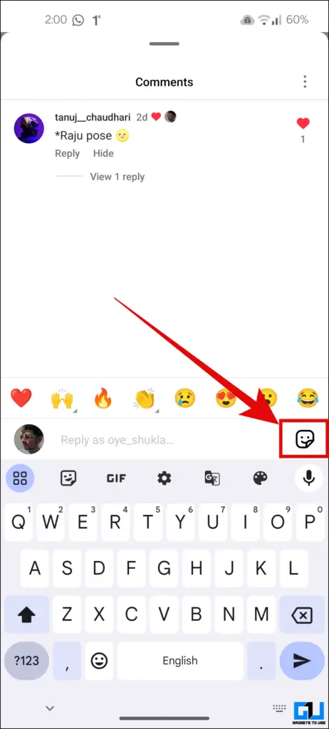 Sticker button highlighted when posting a reply to comment