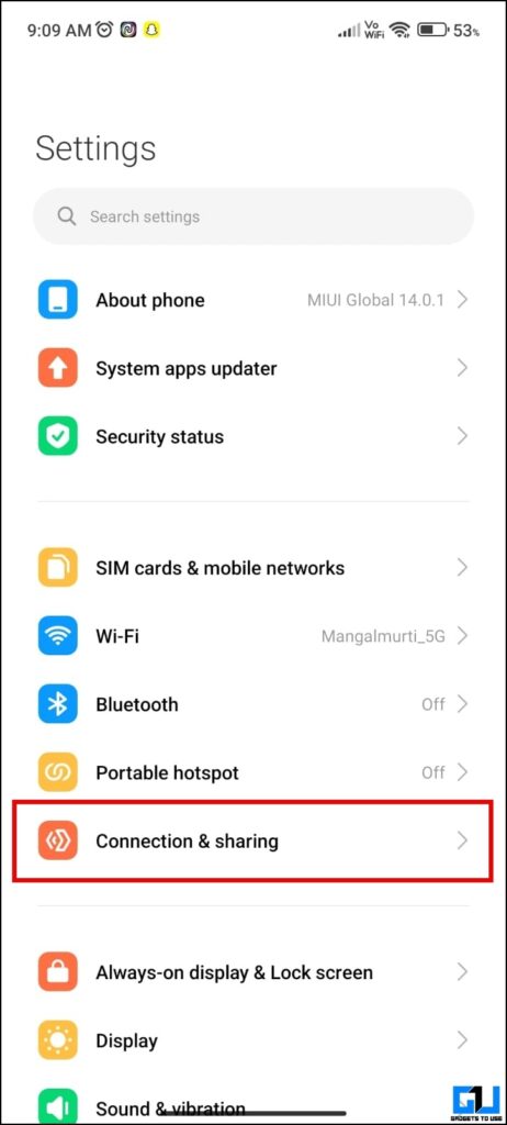 Connection and Sharing menu of MIUI or HyperOS