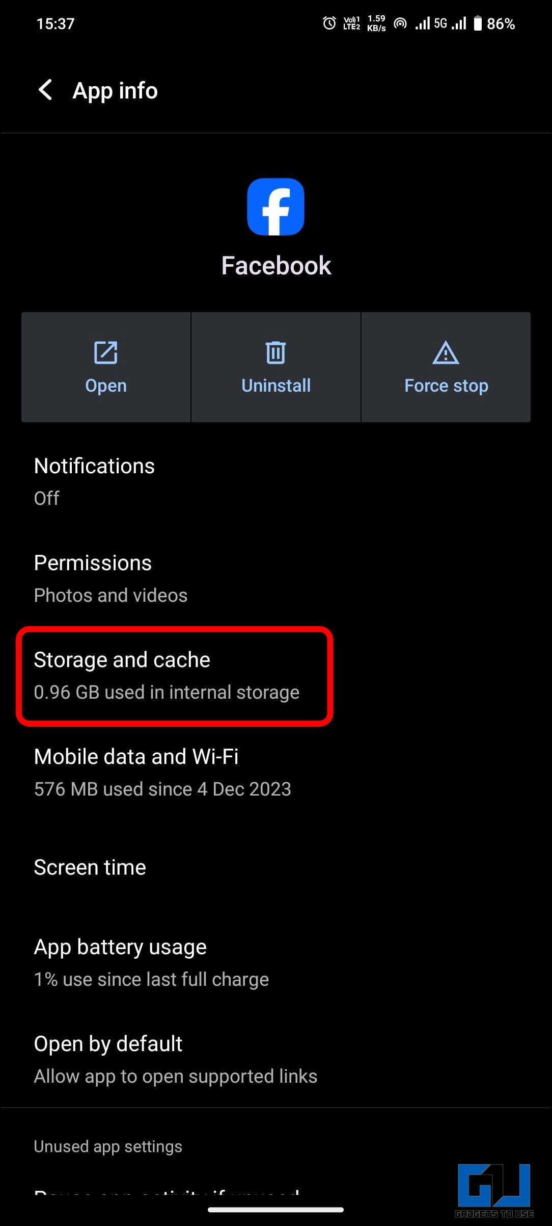 Go to Facebook app Storage and Cache