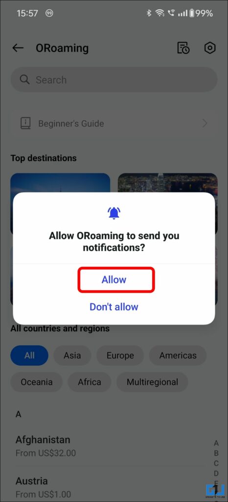 Allow Notifications access to ORoaming