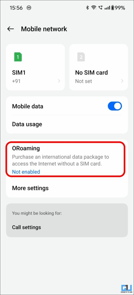Screenshot highlighting ORoaming under Mobile networks