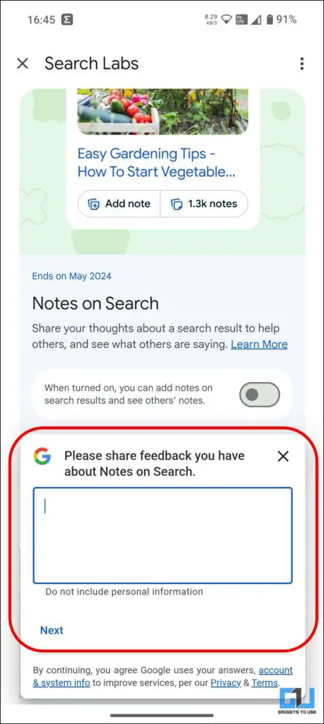 Turn off Notes on Search and give feedback