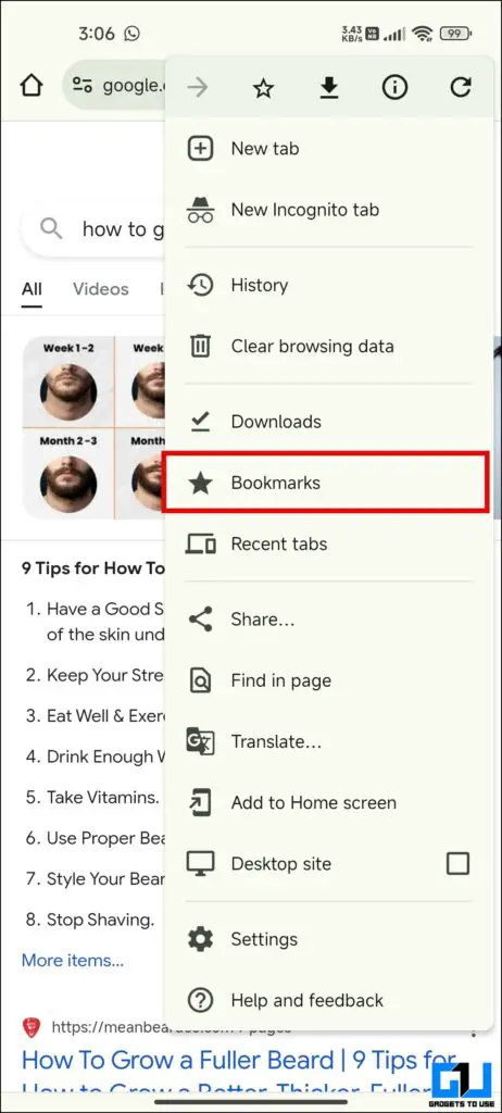 Bookmarks option highlighted under three dots menu