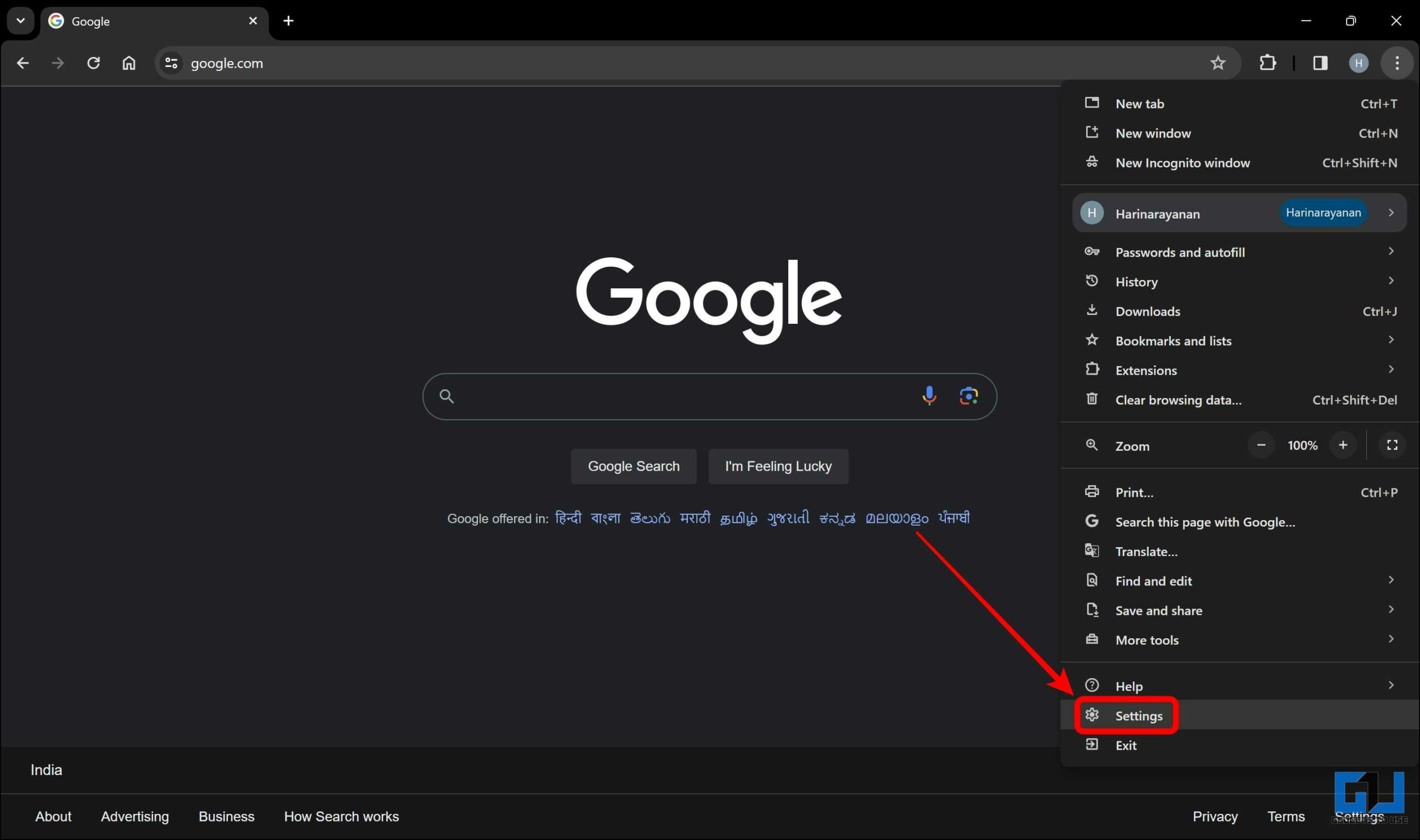 Settings under Google Chrome three dots menu