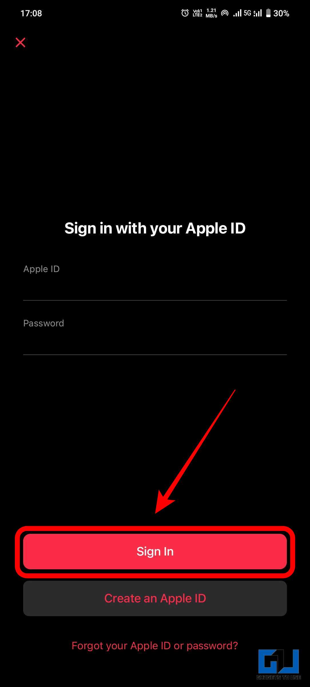 Type Apple ID credentials and tap Sign in