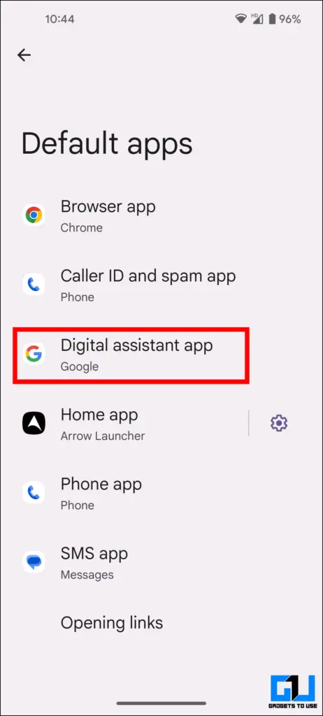 Digital Assistant app under Default App settings