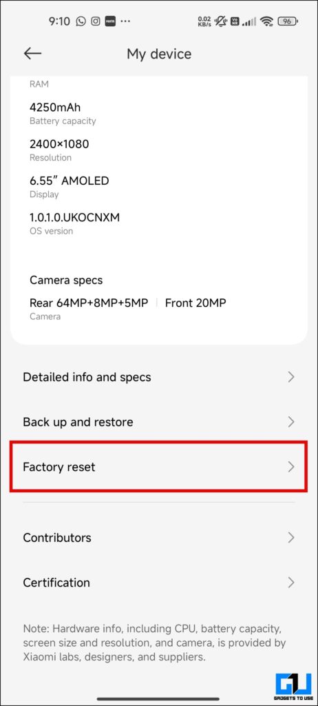 Factory Reset option under My Device on a Xiaomi phone