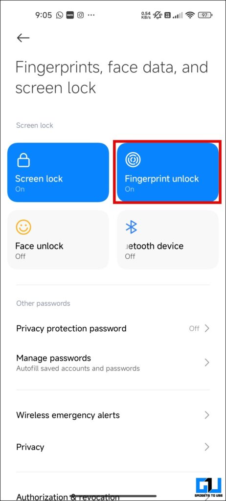 Fingerprint unlock under Fingerprint, face unlock, and screen lock