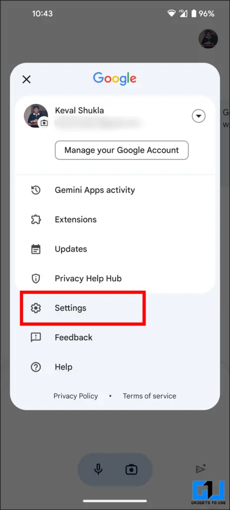 Settings option under Gemini App
