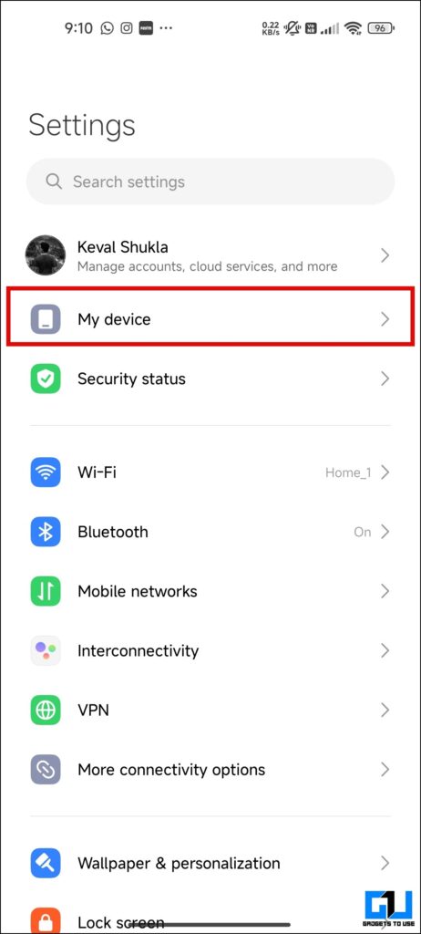 My Device option on a Xiaomi phone