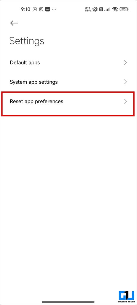 App Reset Preferences under Settings