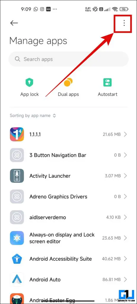 Three dots menu under the App on a Xiaomi phone