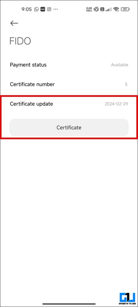 Certificate button under FIDO