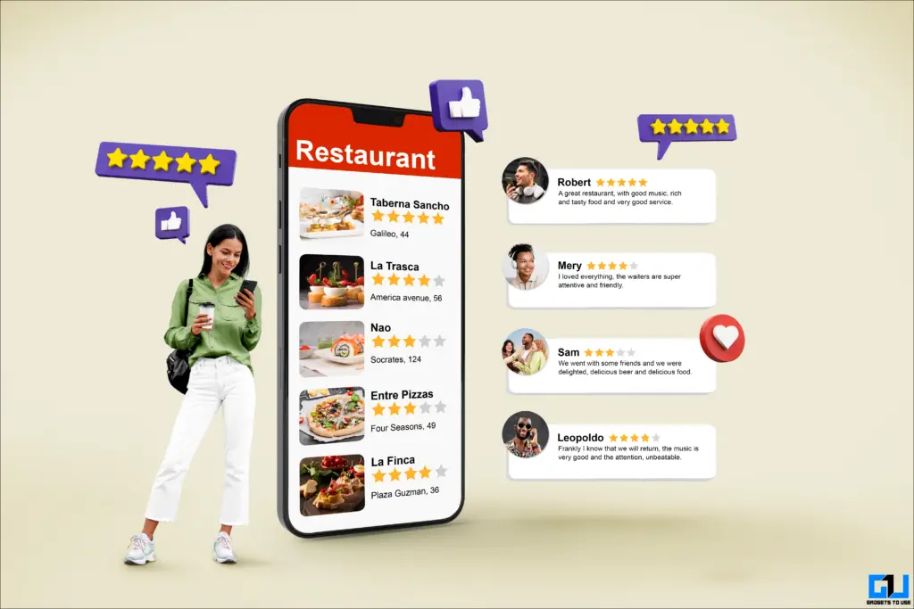 Reviews of a restaurant floating in the air next to phone mock up.