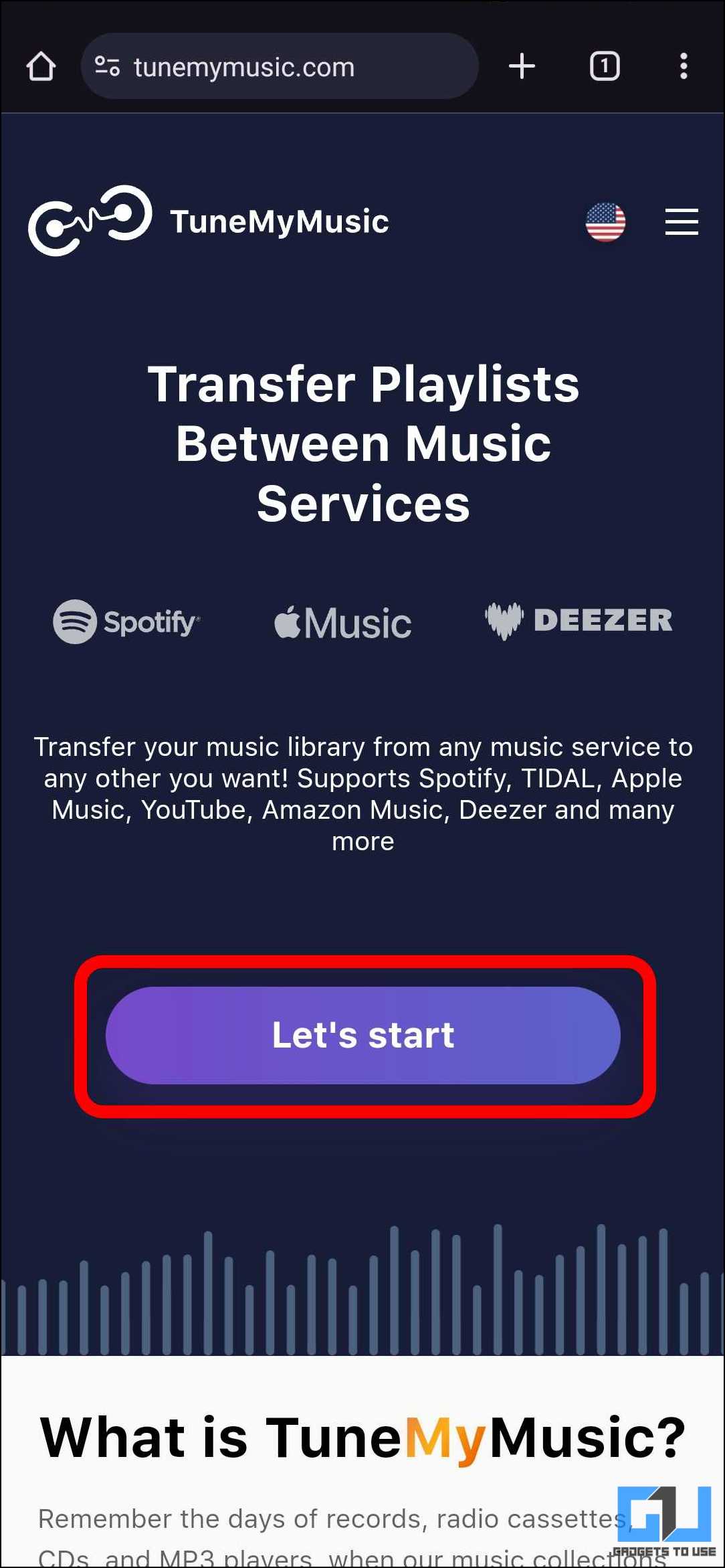 Let's start button on tune my music website