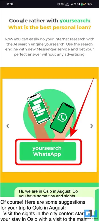 Yoursearch WhatsApp 按钮以红色突出显示。