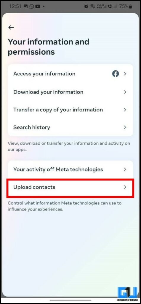 Upload contacts highlighted in red.
