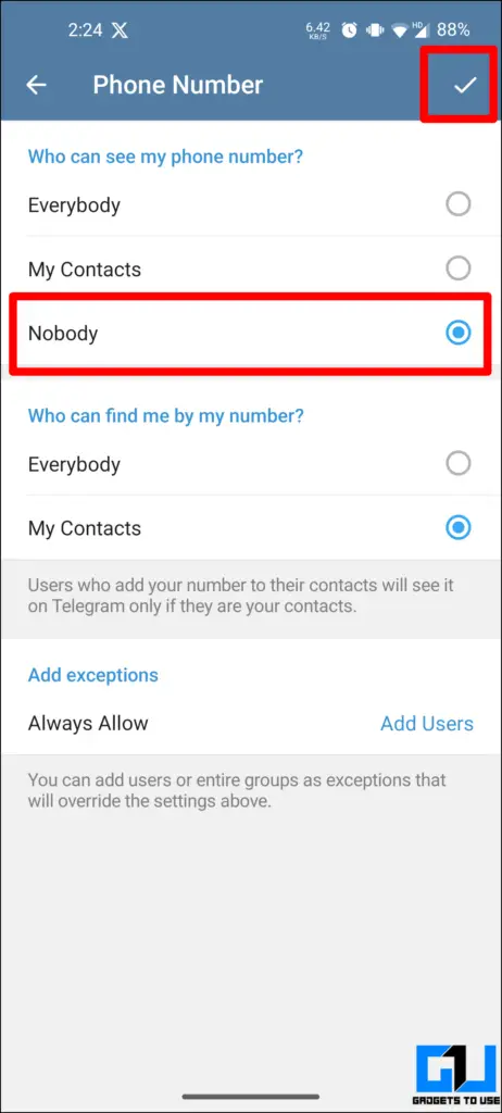 Nobody highlighted in red under phone number privacy settings.
