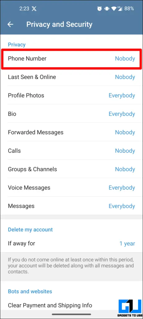 Phone number highlighted in red under privacy settings.