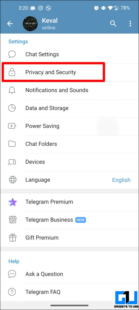 Privacy and Security highlighted in red under Telegram settings.
