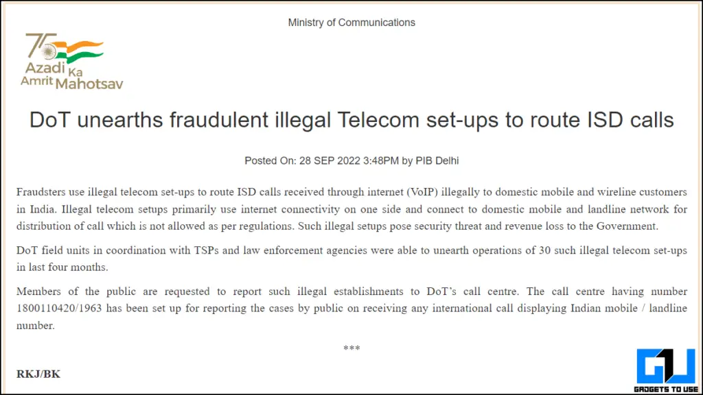 Snapshot of Press Release from DoT to set up a helpline to report fraud calls.