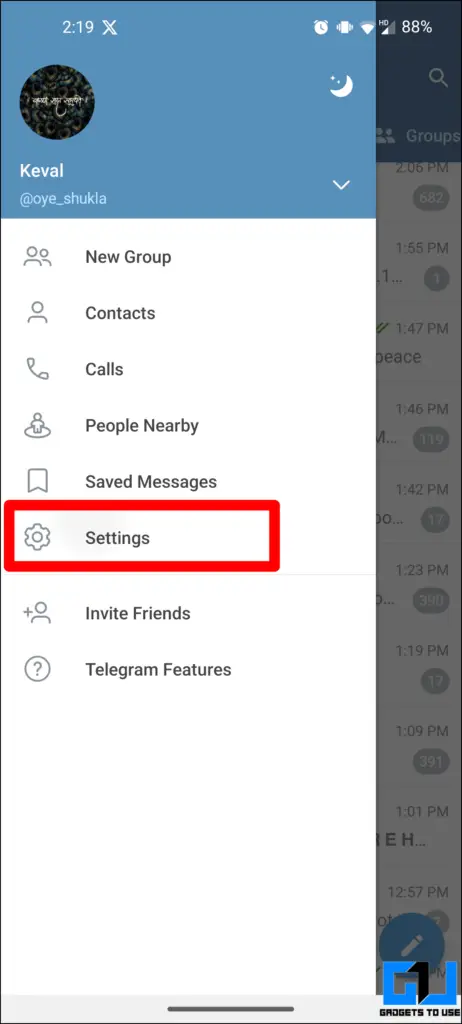 Settings highlighted in red.