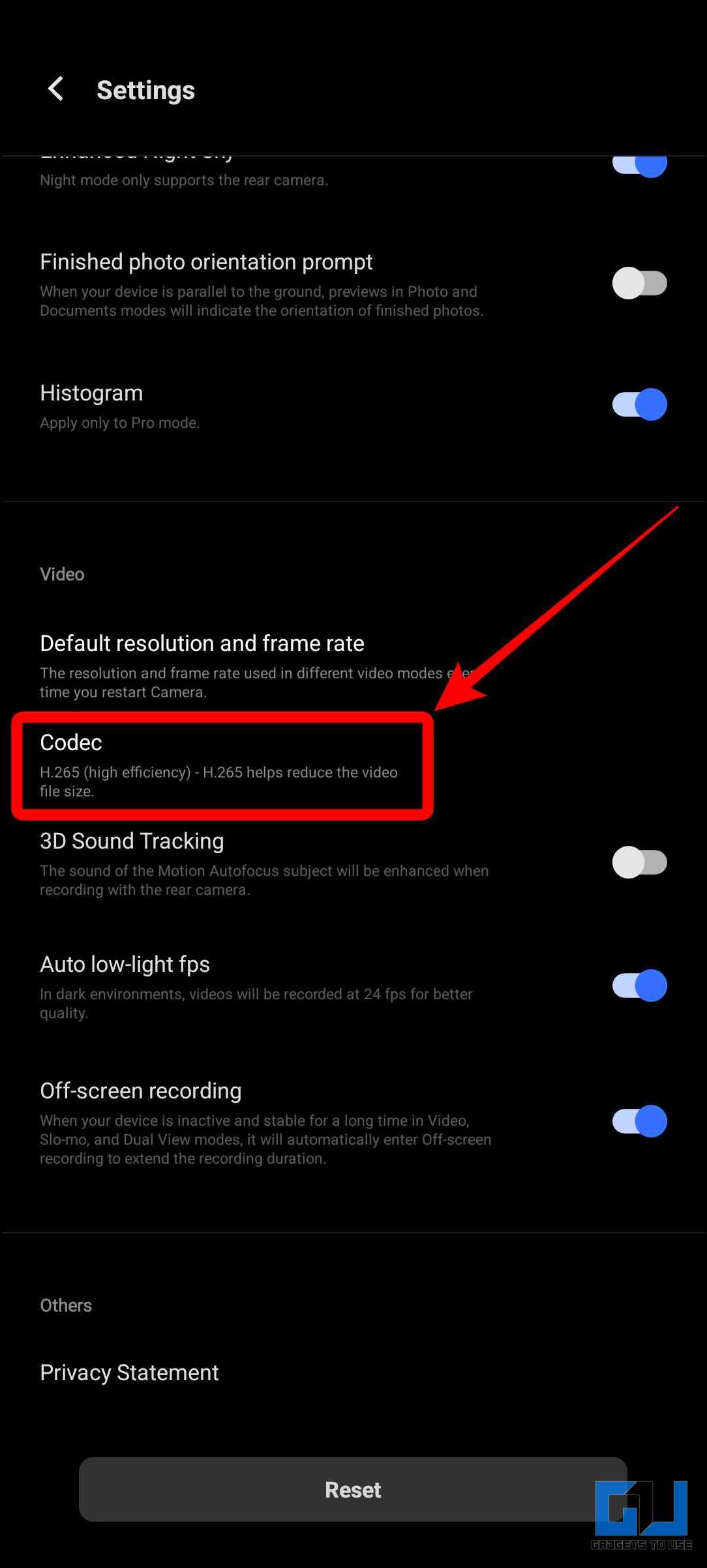 Codec menu in camera settings highlighted in red.