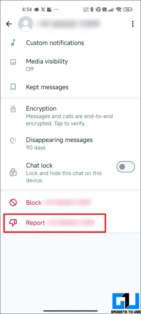Report number highlighted on a WhatsApp profile page.