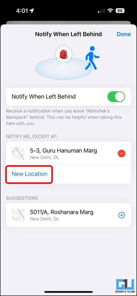 New Location button highlighted under the Notify Except at section for the connected AirTag.
