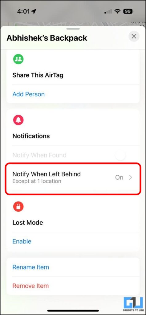 The selected Apple AirTag's Notify When Left Behind feature highlighted on screen.