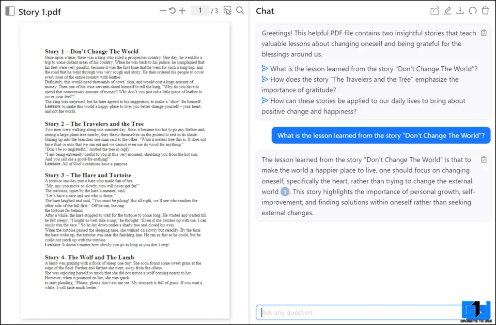 ChatPDF offers an easy to read and understand summary of the long PDFs for us users.