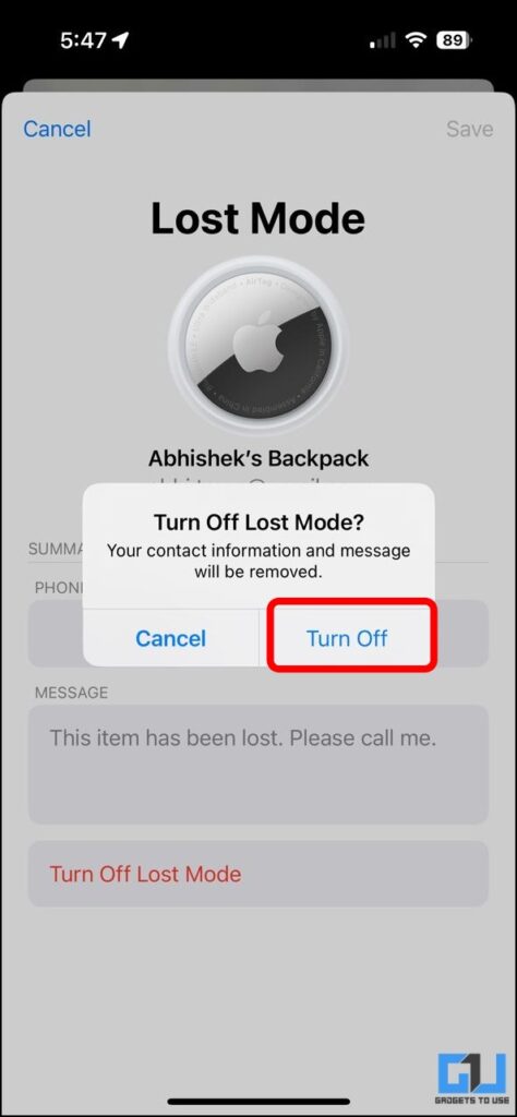 A pop up to confirm turn off Lost Mode for AirTag.