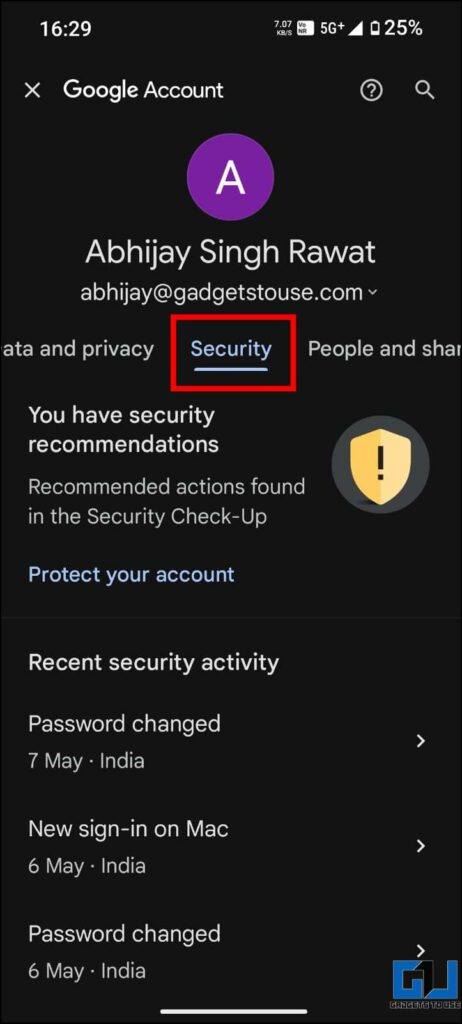 Google Account Security Tab highlighted in red box