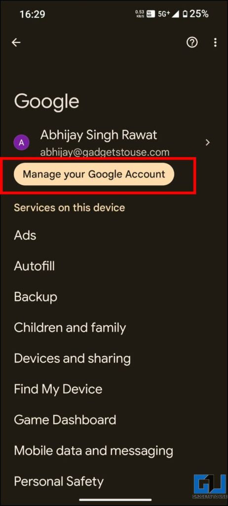 Find Google Accounts settings in Manage your Google Account 