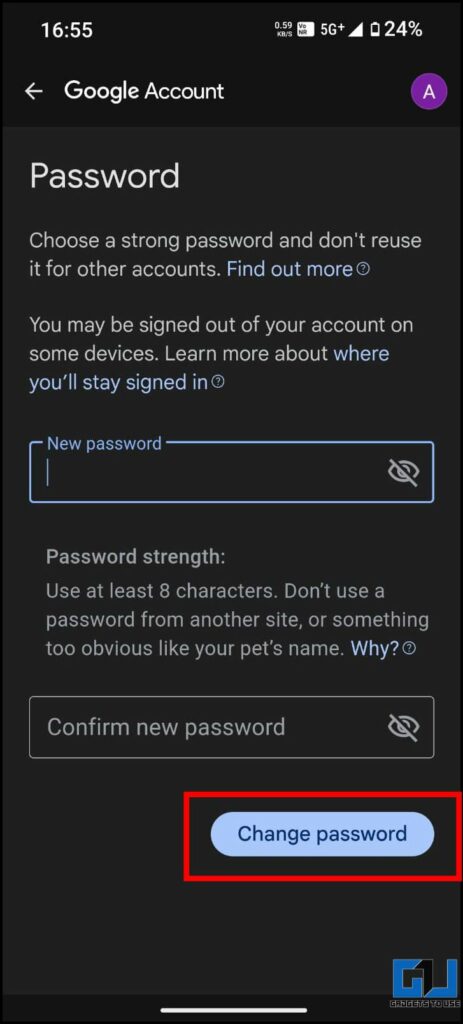 Enter new password of at least 8 characters.