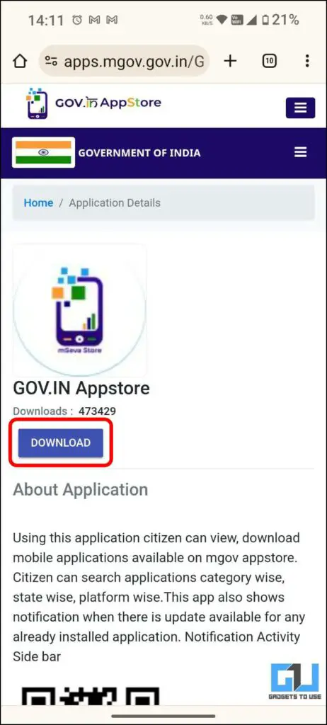 The highlighted Download button will proceed to save the Govt. Appstore apk on your smartphone. 